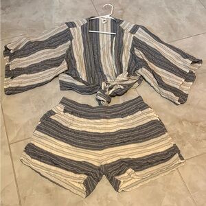 Striped Tie-Front Top and Shorts Set- linen/crinkle material; worn once